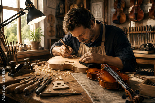 Luthier crafting a handmade violin in a traditional workshop
