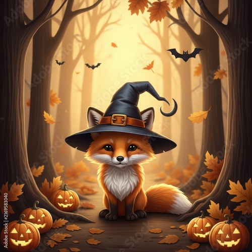 Fox in witch hat surrounded by pumpkins