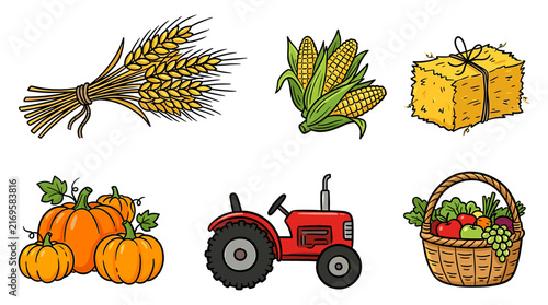 Hand-drawn farm icons collection with tractor and harvest