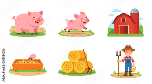 Cute farm elements set with pigs, barn, farmer, and hay bales