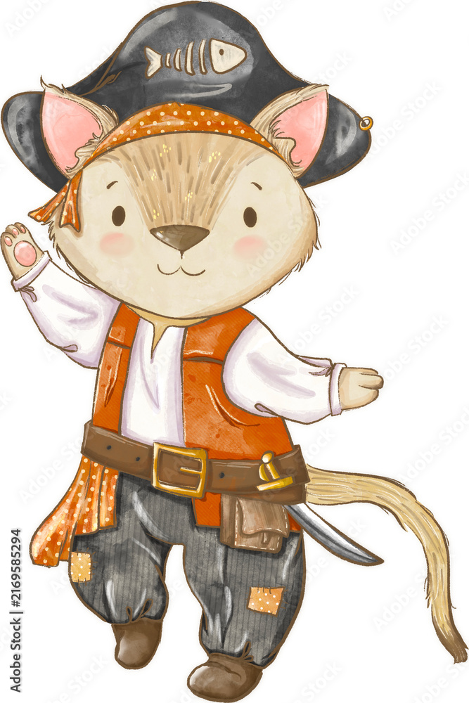 Naklejka premium Beige cat in pirate costume cute halloween baby illustration