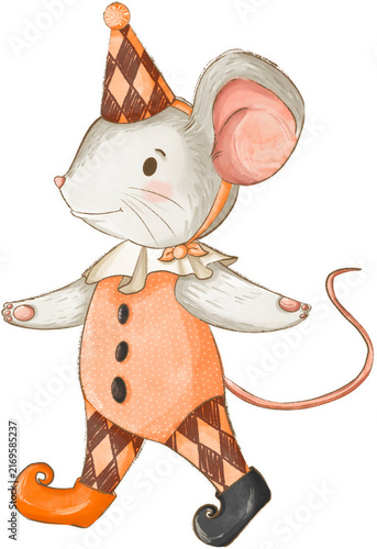 little grey mouse in clown halloween costum baby illustration