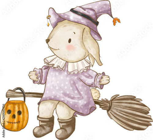 Bunny Witch Riding a Broom with Pumpkin Lantern Halloween Illustration