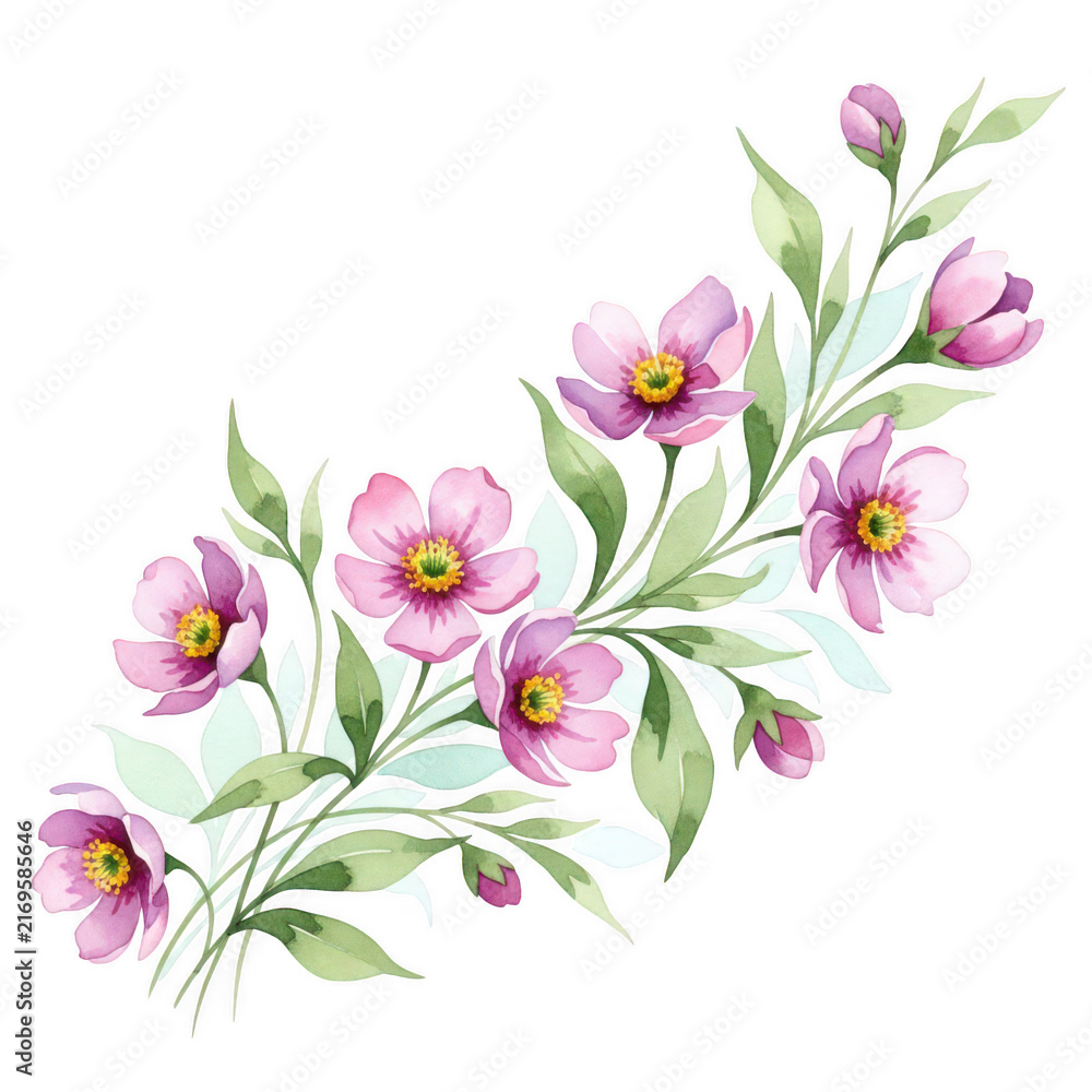 Obraz premium Beautiful hand painted watercolor floral branch with pink flowers isolated on transparent background
