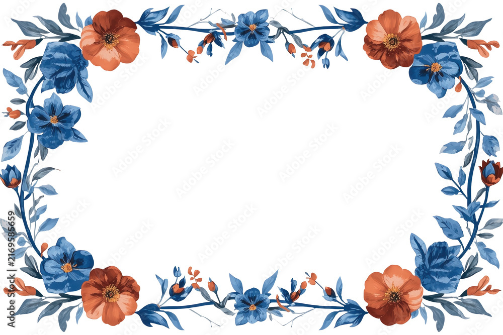 Fototapeta premium Orange and Blue Floral Rectangular Border Frame