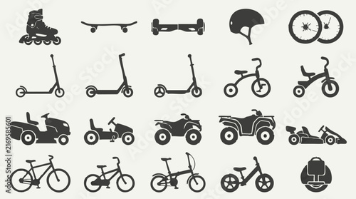 Set of black silhouettes of active lifestyle vehicles and sports equipment