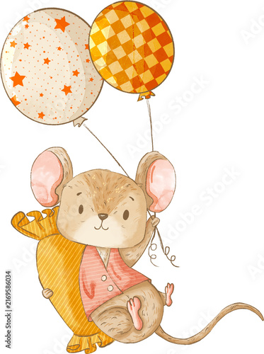 Little Mouse Holding Halloween Balloons Woodland Party Illustration