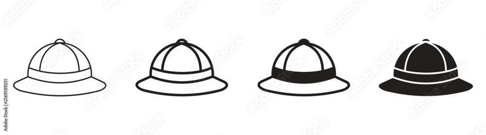 Fototapeta premium Safari Pith Helmet Icon Set, Explorer Hat and Adventure Headwear Symbols for Travel, Jungle Expedition and Outdoor Exploration Designs