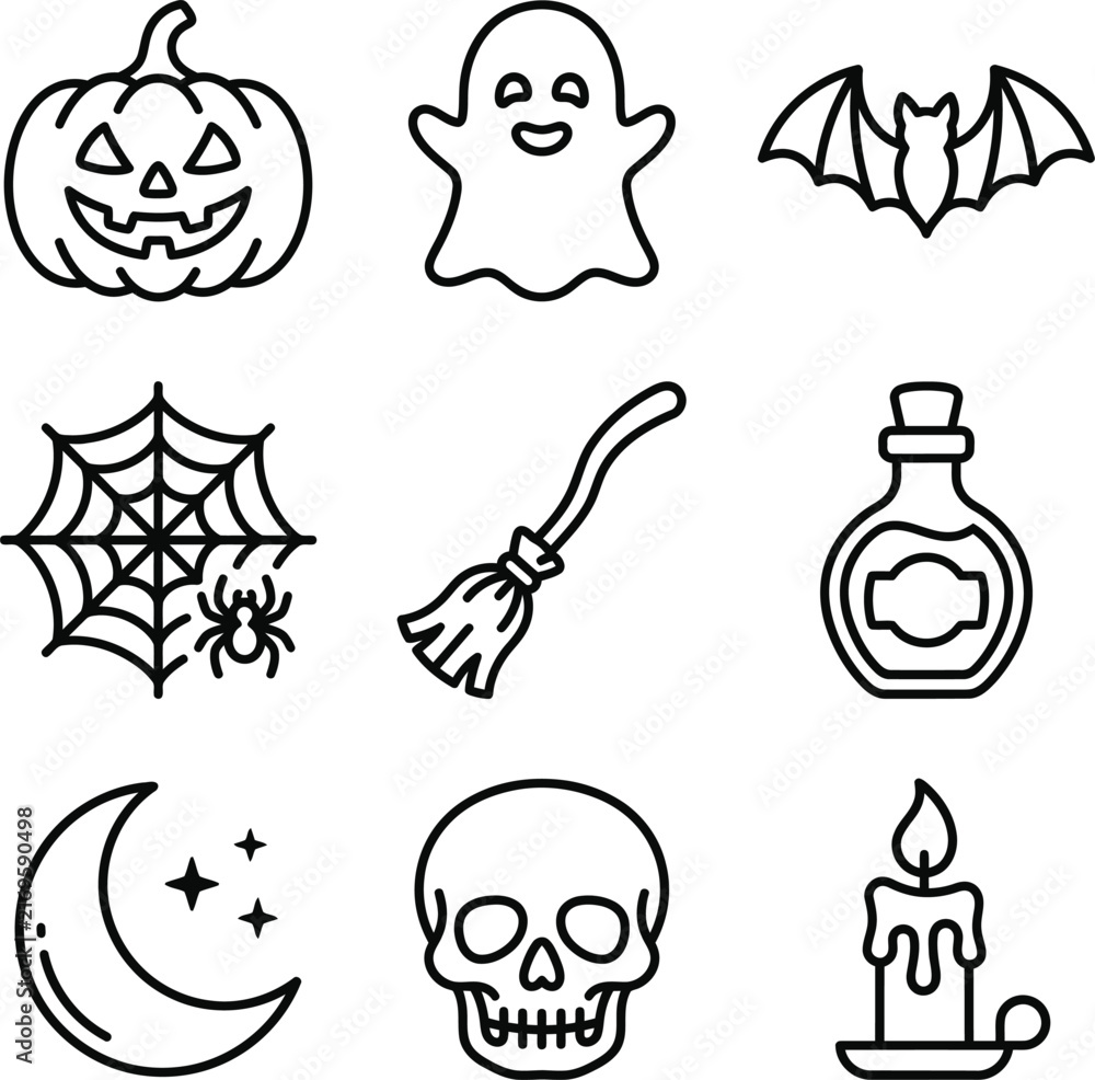 Fototapeta premium Set of Halloween icon outlines including pumpkin, ghost, bat, spiderweb, broomstick, potion, moon, skull, and candle for spooky holiday designs