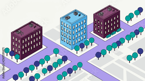 Isometric city landscape with modern buildings, roads, and trees