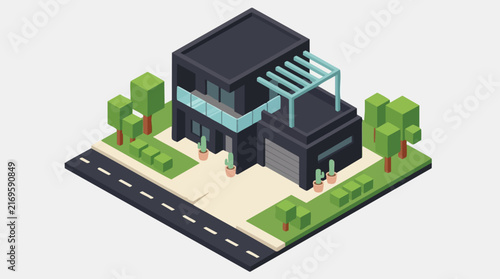 Modern Isometric House Illustration with Dark Facade, Garage, and Green Landscape