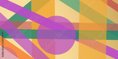 Translucent circles, ribbons, and angular blocks overlap in orange, purple, yellow, and teal, delivering a lively modern visual for posters, websites, packaging, and events.