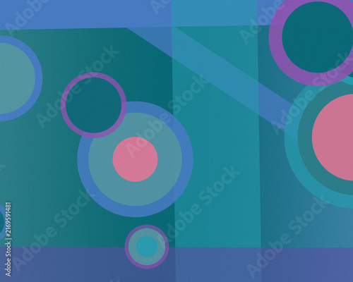 Teal and blue translucent panels combine with colorful rings and rounded forms, offering a playful contemporary composition for technology, branding, and editorial projects.