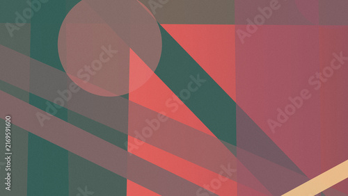 Overlapping translucent circles, bands, and angular forms create a moody contemporary composition in muted teal, coral, mauve, and charcoal for creative branding.