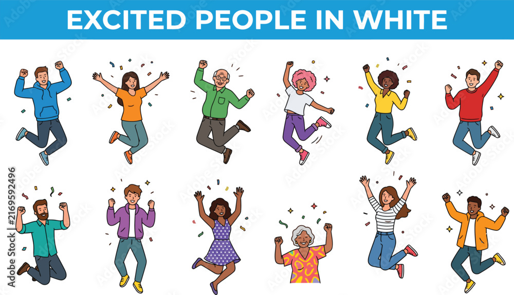 Fototapeta premium Excited happy people set. Cheerful male and female characters jumping, celebrating success. Fun, joy and energy poses. Positive men, women. Flat vector illustrations isolated on white background