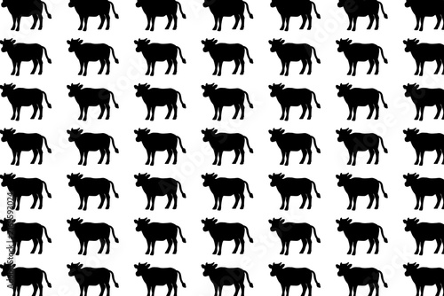Seamless pattern background featuring a black cow silhouette. India, livestock.