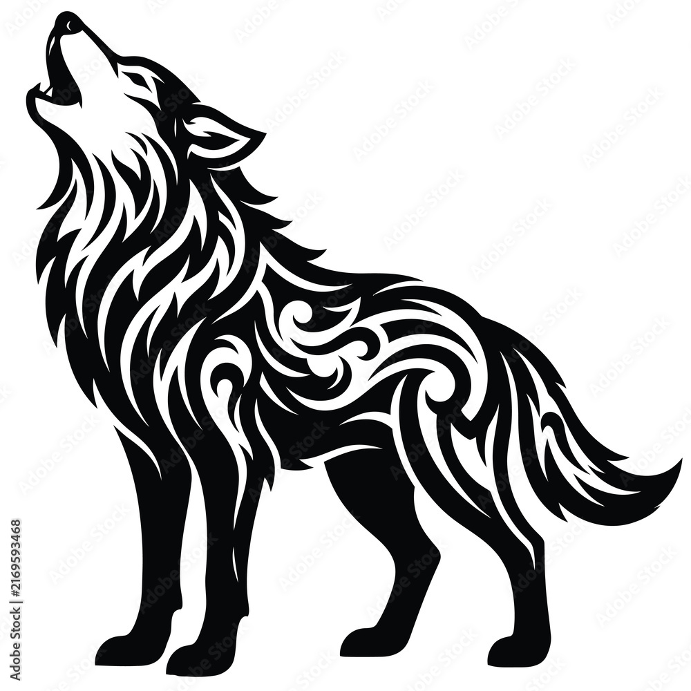 Obraz premium Howling wolf black tribal silhouette vector wildlife emblem for bold design