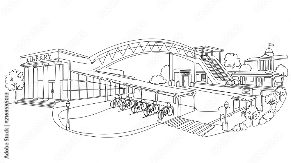 Fototapeta premium Architectural sketch of bridge and buildings white background.