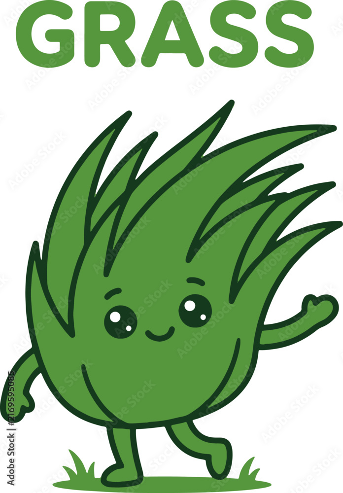 Fototapeta premium Cute Grass Character Waving Hand Isolated