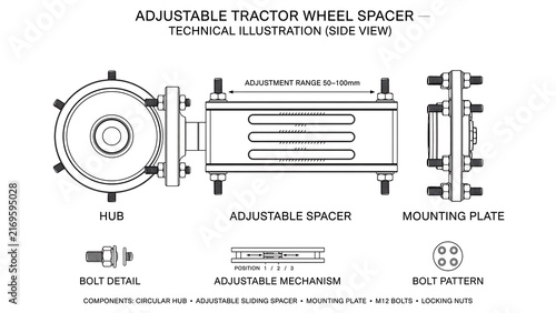 Adjustable tractor wheel spacer technical illustration white background.