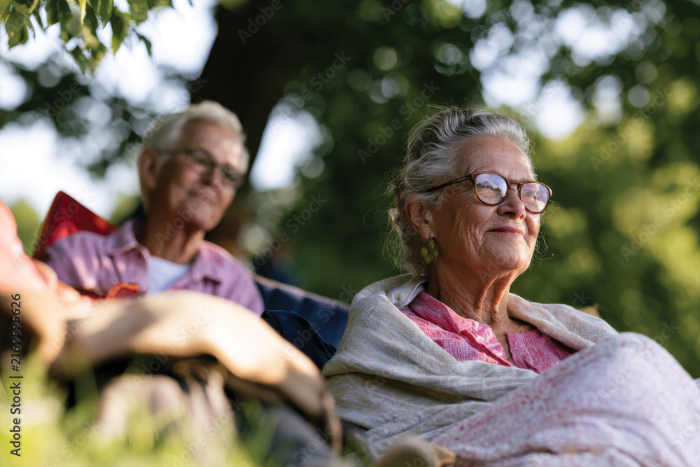 Fototapeta premium An older couple shares a tender moment outdoors, surrounded by nature, reflecting the deep emotional connection and the beauty of love in their golden years together.