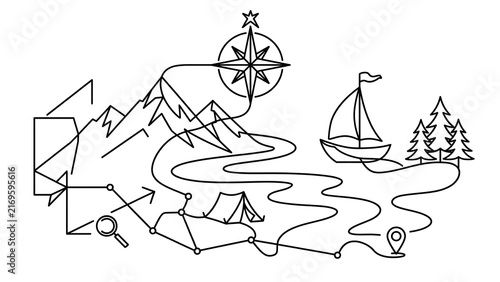 Adventure travel map illustration white background.