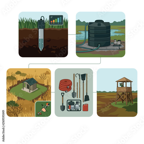 Canvas Print Wildfire Prevention Infographic with Soil Moisture Sensor Water Tank Tools and W