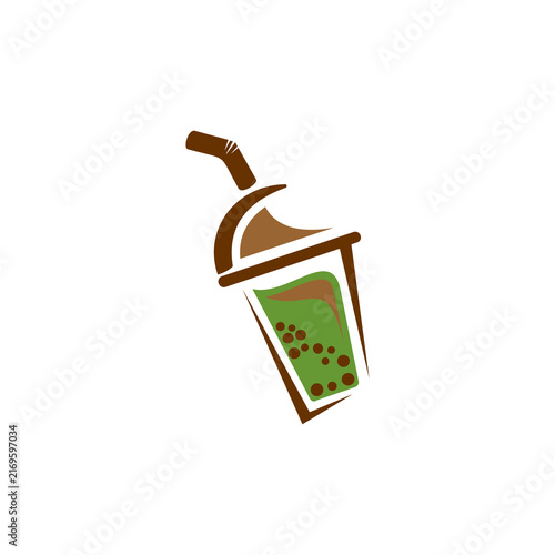 Фотография A flat vector logo and icon depicting a tilted cup of boba tea or bubble tea with a straw and tapioca pearls inside, rendered in brown and green tones against a solid white background