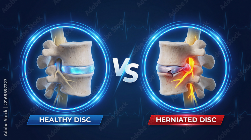 Obraz premium Medical comparison diagram showing healthy versus herniated lumbar spinal disc with nerve compression