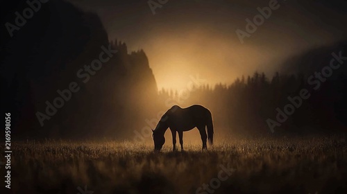 Silhouetted horse grazing in a misty sunrise meadow.