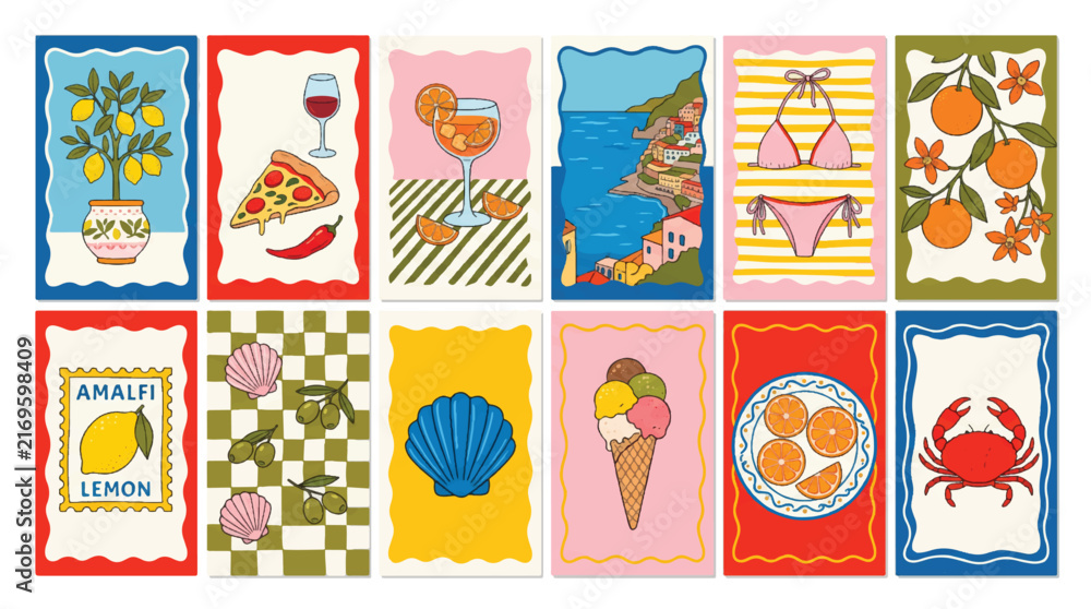 Fototapeta premium Italian Amalfi Coast and Mediterranean Summer Lifestyle Postcard Illustration Set