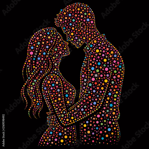Romantic Dotted Couple Silhouette Vector Illustration - Colorful Polka Dot Man and Woman Hugging Art