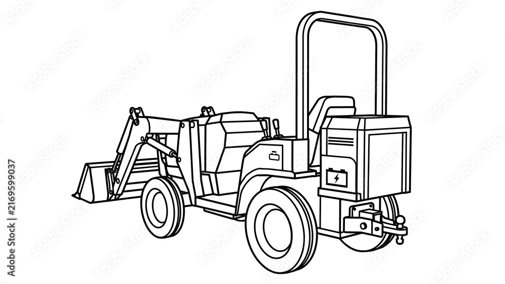 Fototapeta premium Backhoe loader line art illustration white background.