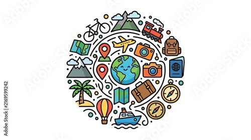 A vibrant global travel adventure illustration featuring various tourism icons for a perfect vacation planning around the world.
