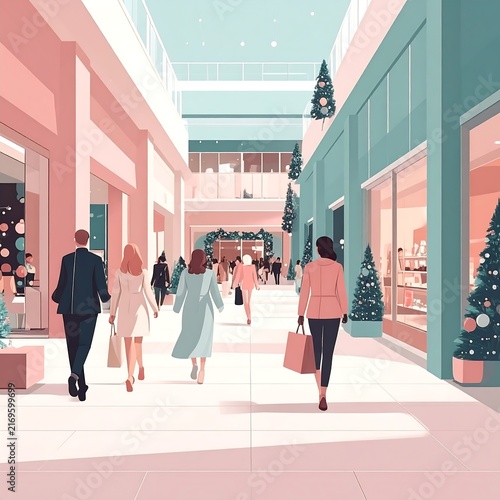 People walking through a shopping mall decorated for the Christmas holidays.