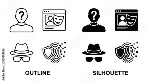 Bild auf Leinwand Cybersecurity and Anonymity Icons: A set of graphic icons representing online security, anonymity, and potential threats, including figures with question marks, masks, and fingerprint scans
