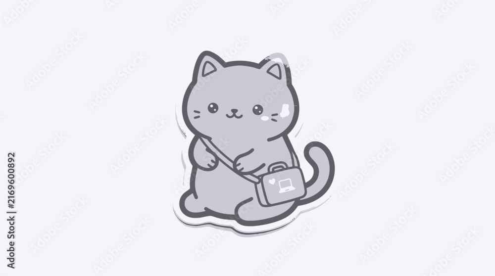 Fototapeta premium Cute Kawaii Gray Cat Character Wearing a Small School Backpack Sticker Design for Personal Accessories and Stationery Decor