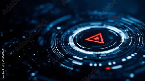 Red warning symbol displayed on a dark digital background with circular design elements and glowing accents