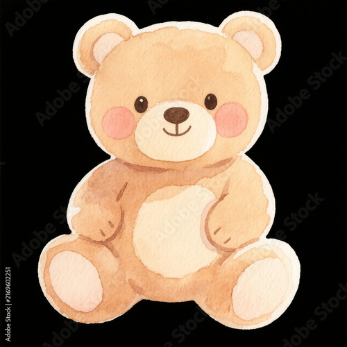 Adorable beige watercolor teddy bear with rounded ears, rosy cheeks and a friendly smiling expression.