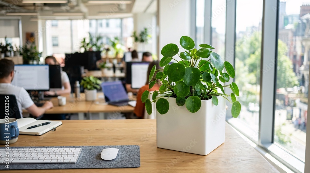 Fototapeta premium Thriving green leafy potted plant in a white square planter sits on a bright modern office desk in an open plan corporate workspace.