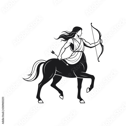 Bild auf Leinwand Black and white illustration of a female centaur archer.