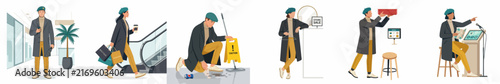 Collection of flat vector illustrations depicting a character in various shopping, service, and lifestyle scenarios, including retail, cleaning, and interacting with digital kiosks.