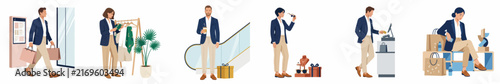 Collection of flat vector illustrations showing various retail activities like browsing clothes, using kiosks, escalators, checking out, and relaxing with many shopping bags.
