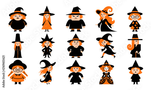 фотографія A collection of cute cartoon witch characters wearing pointy hats designed for h