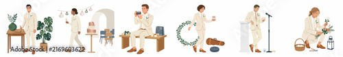 Vector illustrations of a man in a white suit engaged in various wedding activities like photography, giving a speech, and decorating.