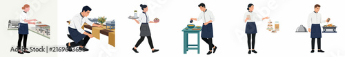 Collage of professional restaurant staff in uniform performing various service duties like serving, table setting, and buffet preparation on a white background.