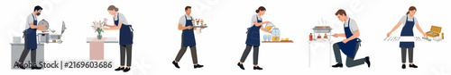 Set of flat vector illustrations featuring diverse service professionals and small business owners in aprons performing various tasks, isolated on a white background.