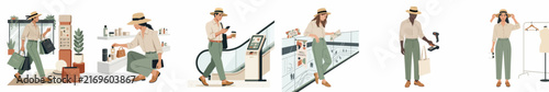 Collection of minimalist flat vector illustrations depicting diverse people shopping, browsing products, and walking through a modern retail mall environment.