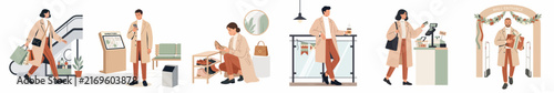 Flat design vector illustration set of a couple shopping at a mall, including browsing stores, trying on shoes, and making payments.