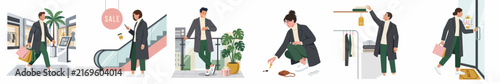 Modern man's shopping journey through a mall and back home, minimalist flat illustration set.